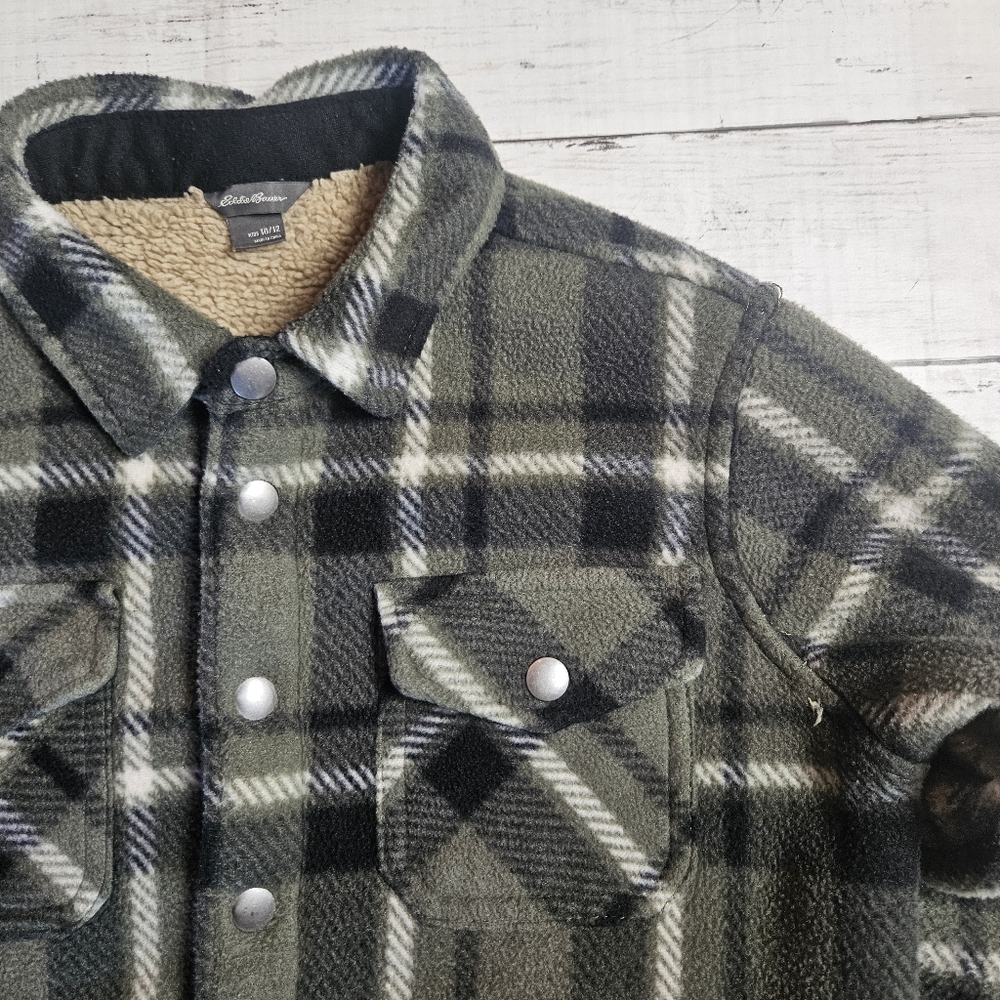 Eddie Bauer Kids Sherpa  Fleece Lined Boys‎ Green Plaid Flannel Jacket, 10/12